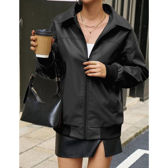 Women's Black Faux Leather Zip-Up Jacket with Ribbed Cuffs and Pockets - Picture 6 of 6